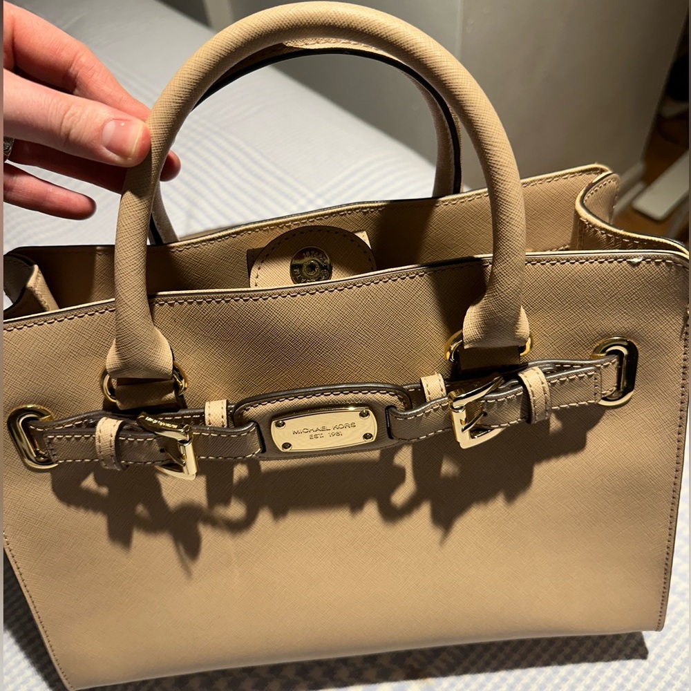MICHAEL KORS HAMILTON LEATHER EW KHAKI CHAIN SATCHEL CROSSBODY HANDBAG